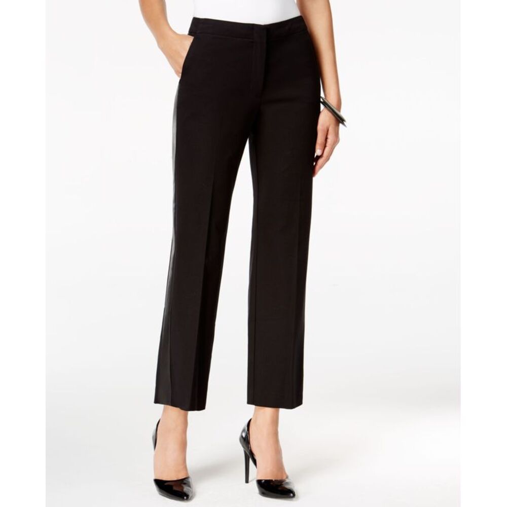 Alfani Petite Faux Leather Trim Straight Leg Pants